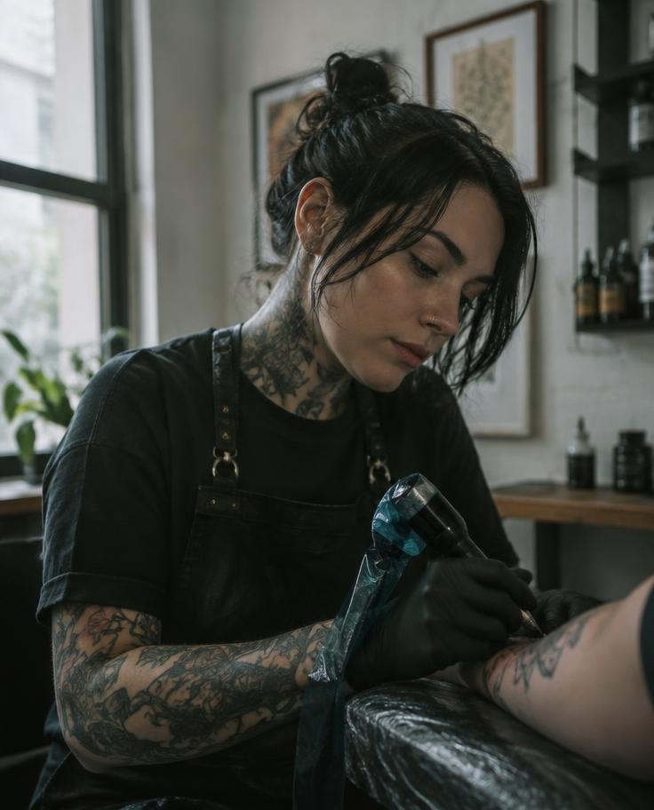 Retrato de tatuadora trabalhando no estúdio (imagem demonstrativa)