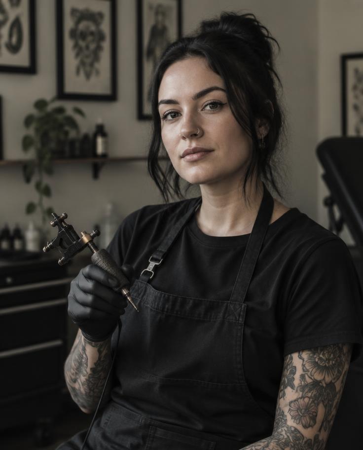 Retrato de tatuadora segurando a máquina (imagem demonstrativa)