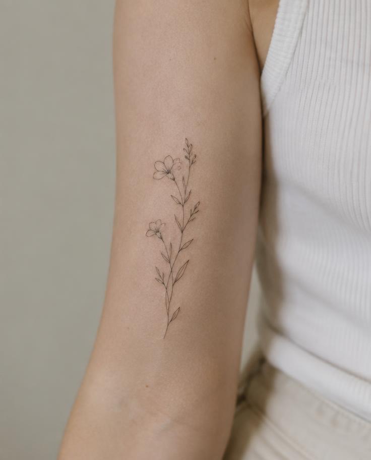 Tatuagem fine line floral no braço (imagem demonstrativa)